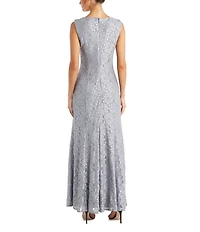 R & M Richards Glitter Lace Beaded Neck 2-Piece Jacket Gown