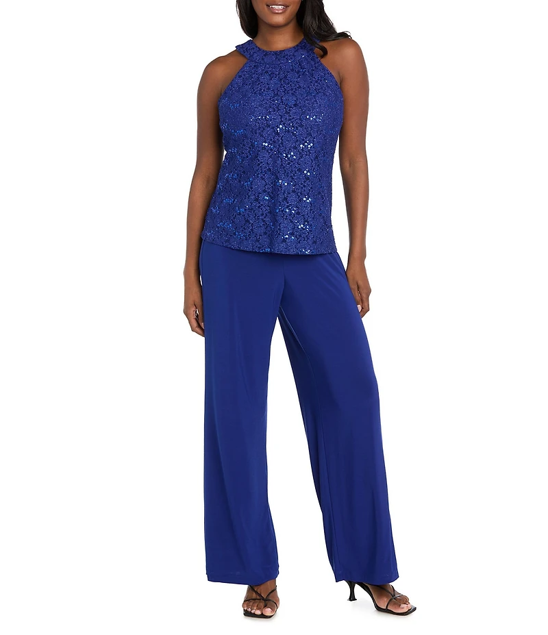 R & M Richards Glitter Lace Halter Neck Sleeveless ITY Jumpsuit