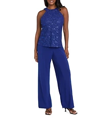 R & M Richards Glitter Lace Halter Neck Sleeveless ITY Jumpsuit