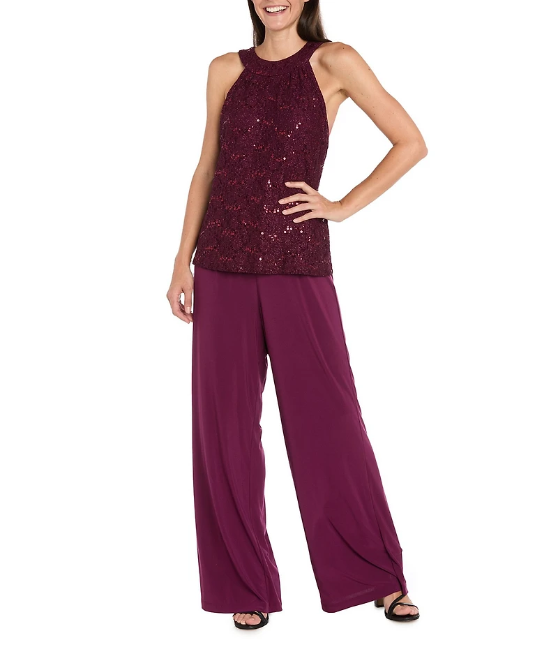 R & M Richards Glitter Lace Halter Neck Sleeveless ITY Jumpsuit