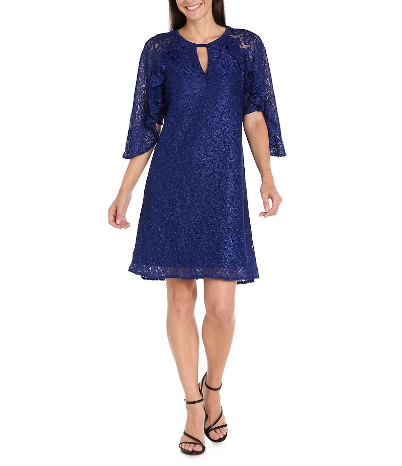 R & M Richards Glitter Lace Keyhole Neck Ruffle Short Sleeve A-Line Dress