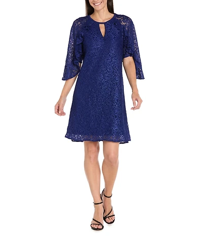 R & M Richards Glitter Lace Keyhole Neck Ruffle Short Sleeve A-Line Dress