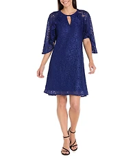 R & M Richards Glitter Lace Keyhole Neck Ruffle Short Sleeve A-Line Dress