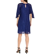 R & M Richards Glitter Lace Keyhole Neck Ruffle Short Sleeve A-Line Dress