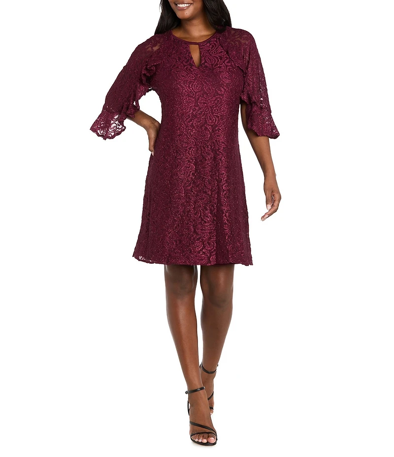 R & M Richards Glitter Lace Keyhole Neck Ruffle Short Sleeve A-Line Dress