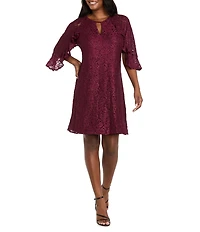 R & M Richards Glitter Lace Keyhole Neck Ruffle Short Sleeve A-Line Dress