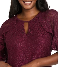 R & M Richards Glitter Lace Keyhole Neck Ruffle Short Sleeve A-Line Dress