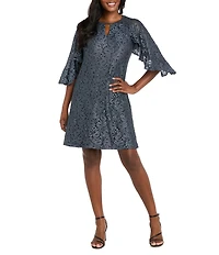 R & M Richards Glitter Lace Keyhole Neck Ruffle Short Sleeve A-Line Dress