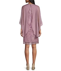 R & M Richards Glitter Mesh Chiffon Caplet Overlay Round Neck 3/4 Sleeve Dress