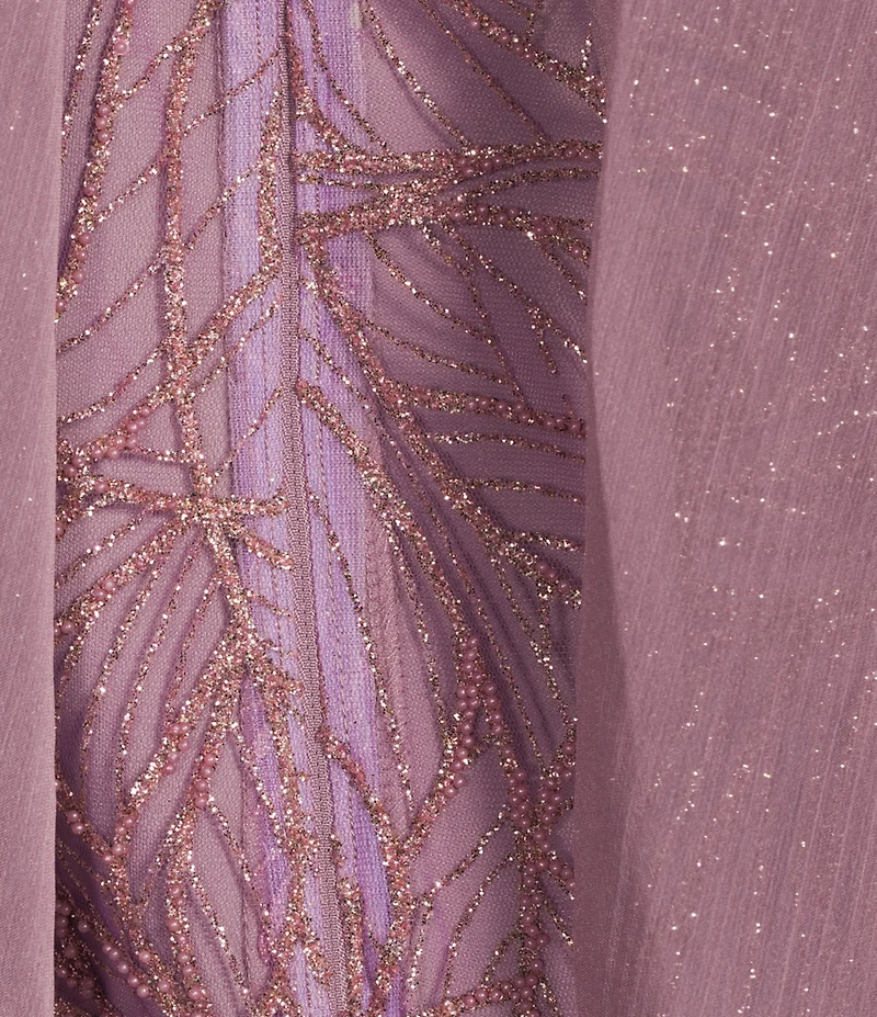 R & M Richards Glitter Mesh Chiffon Caplet Overlay Round Neck 3/4 Sleeve Dress