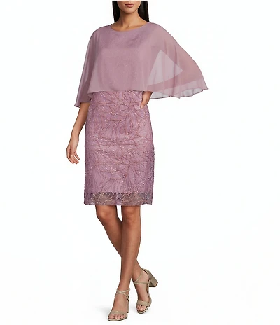 R & M Richards Glitter Mesh Chiffon Caplet Overlay Round Neck 3/4 Sleeve Dress