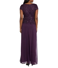 R & M Richards Glitter Scallop Lace Popover Cap Sleeve Chiffon Faux Wrap Gown