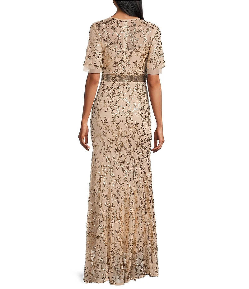 R & M Richards Godet Skirt V-Neck Short Sleeve Sequin Power Mesh Dress