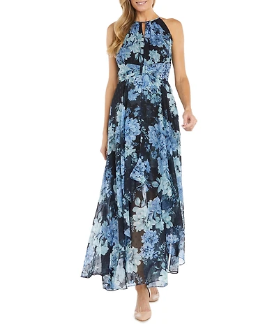 R & M Richards Halter Keyhole Floral Chiffon Maxi Dress