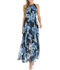 R & M Richards Halter Keyhole Floral Chiffon Maxi Dress