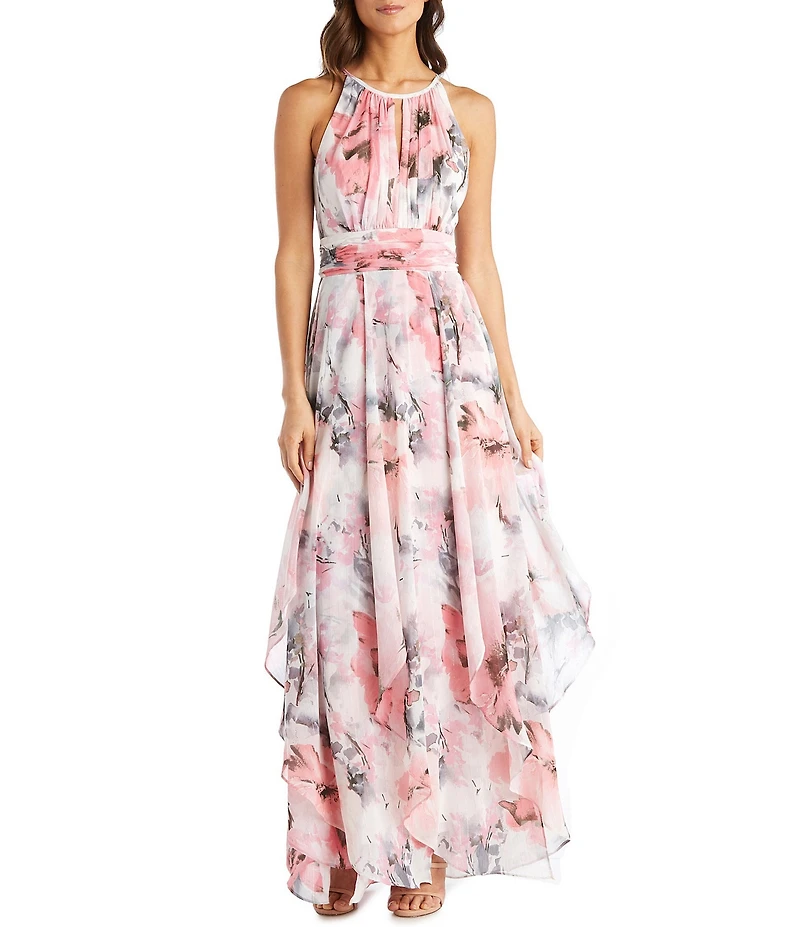 R & M Richards Halter Keyhole Neck Sleeveless Ruched Waist Floral Print Chiffon Gown