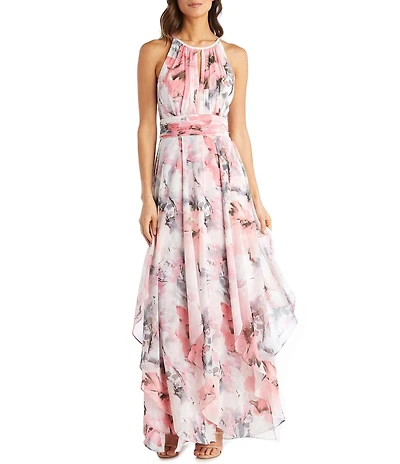 R & M Richards Halter Keyhole Neck Sleeveless Ruched Waist Floral Print Chiffon Gown