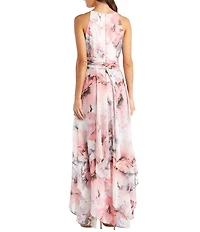 R & M Richards Halter Keyhole Neck Sleeveless Ruched Waist Floral Print Chiffon Gown
