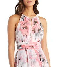 R & M Richards Halter Keyhole Neck Sleeveless Ruched Waist Floral Print Chiffon Gown