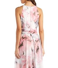 R & M Richards Halter Keyhole Neck Sleeveless Ruched Waist Floral Print Chiffon Gown