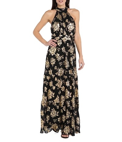 R & M Richards Halter Pleated Foil Dress