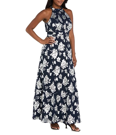 R & M Richards Halter Pleated Foil Dress