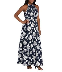 R & M Richards Halter Pleated Foil Dress