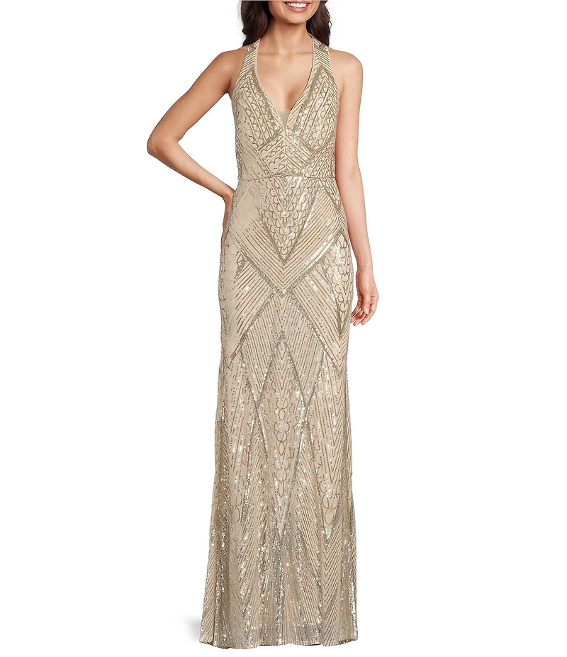 R & M Richards Halter V-Neck Sleeveless Geometric Embroidered Sequin Sheath Dress