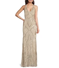 R & M Richards Halter V-Neck Sleeveless Geometric Embroidered Sequin Sheath Dress