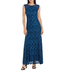 R & M Richards Illusion Shoulder High V-Neck Sleeveless Lace Sheath Gown