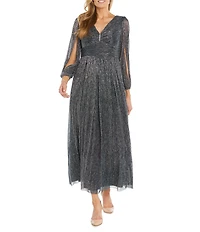 R & M Richards Iridescent Metallic Mesh V-Neck Long Cut Out Sleeve Crinkle Pleated Dress