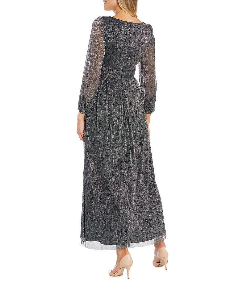R & M Richards Iridescent Metallic Mesh V-Neck Long Cut Out Sleeve Crinkle Pleated Dress