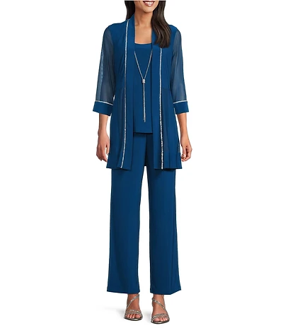 R & M Richards ITY Mesh 3/4 Sleeve Crew Neck Straight Leg 3-Piece Pant Set