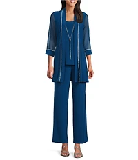 R & M Richards ITY Mesh 3/4 Sleeve Crew Neck Straight Leg 3-Piece Pant Set
