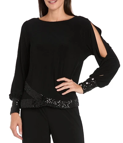 R & M Richards ITY Round Neck Long Spilt Sleeve Sequin Hem Blouse Top