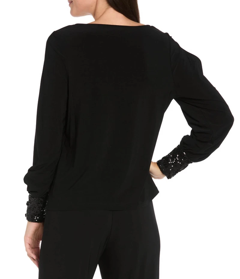 R & M Richards ITY Round Neck Long Spilt Sleeve Sequin Hem Blouse Top