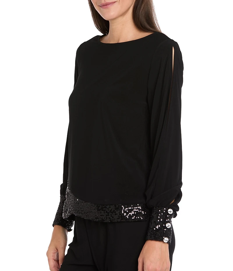 R & M Richards ITY Round Neck Long Spilt Sleeve Sequin Hem Blouse Top