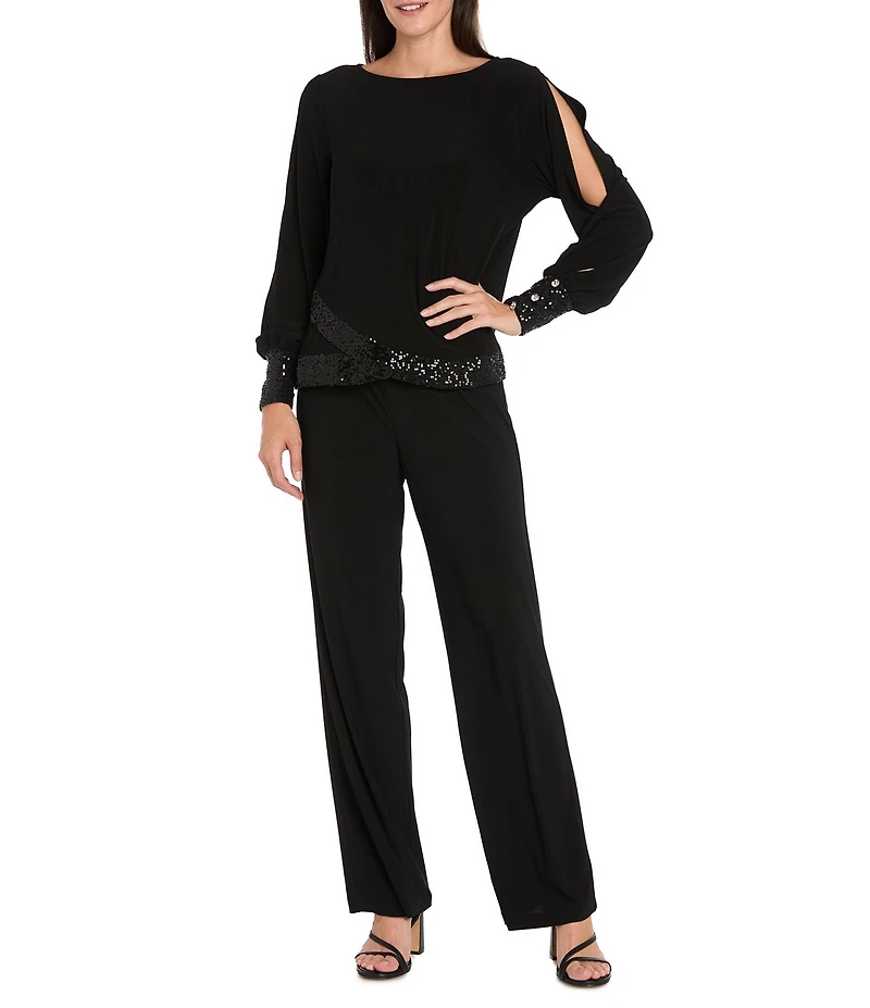 R & M Richards ITY Round Neck Long Spilt Sleeve Sequin Hem Blouse Top