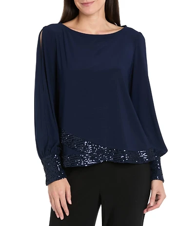 R & M Richards ITY Round Neck Long Spilt Sleeve Sequin Hem Blouse Top