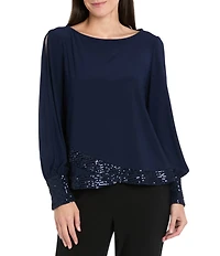 R & M Richards ITY Round Neck Long Spilt Sleeve Sequin Hem Blouse Top