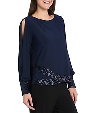 R & M Richards ITY Round Neck Long Spilt Sleeve Sequin Hem Blouse Top