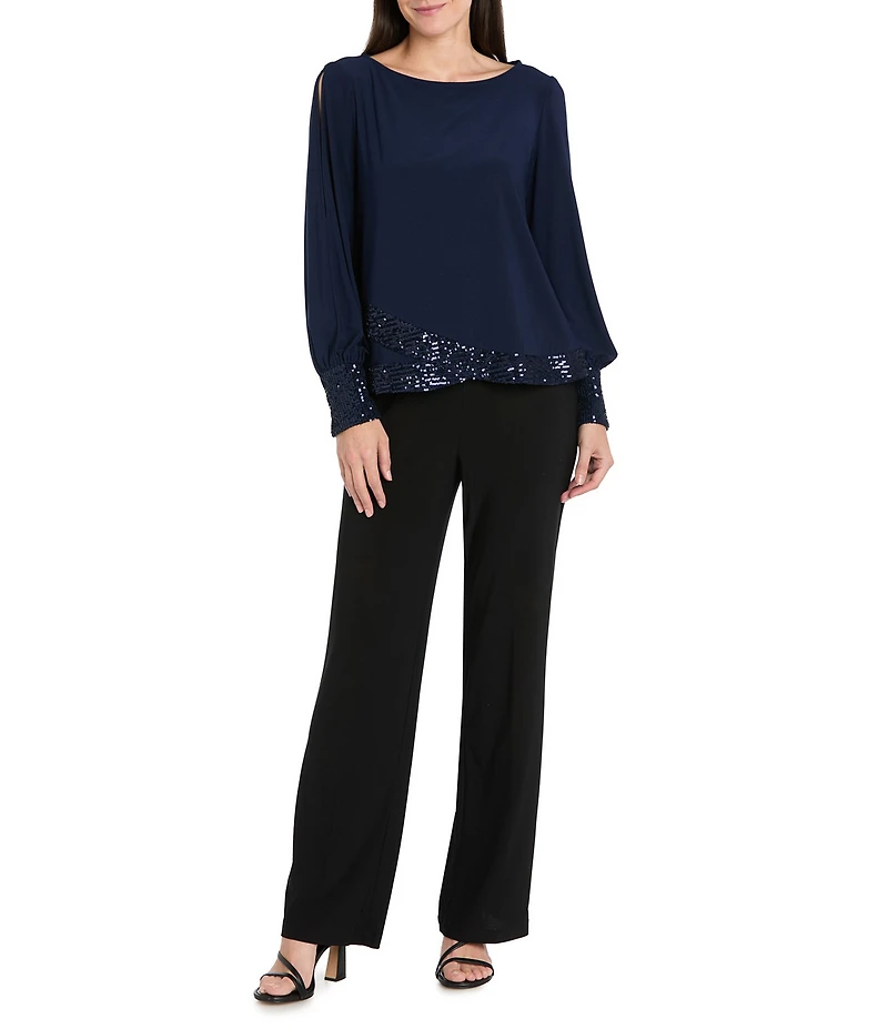 R & M Richards ITY Round Neck Long Spilt Sleeve Sequin Hem Blouse Top