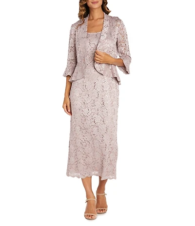 R & M Richards Lace Sequin Power Mesh Scallop Trim 3/4 Sleeve Jacket Midi Dress