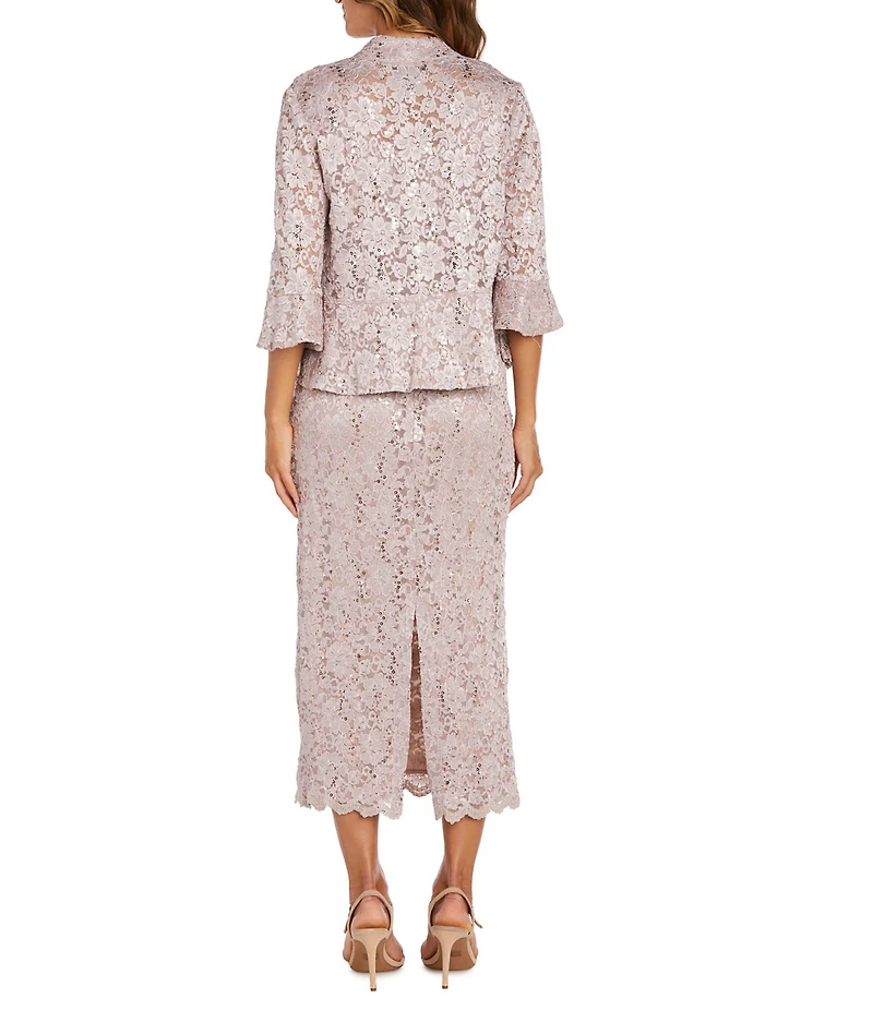 R & M Richards Lace Sequin Power Mesh Scallop Trim 3/4 Sleeve Jacket Midi Dress