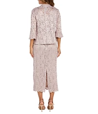 R & M Richards Lace Sequin Power Mesh Scallop Trim 3/4 Sleeve Jacket Midi Dress