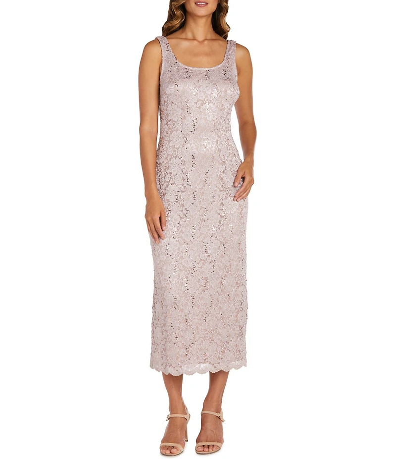 R & M Richards Lace Sequin Power Mesh Scallop Trim 3/4 Sleeve Jacket Midi Dress