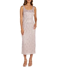 R & M Richards Lace Sequin Power Mesh Scallop Trim 3/4 Sleeve Jacket Midi Dress