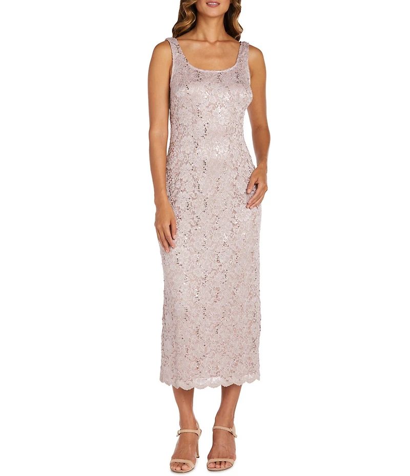 R & M Richards Lace Sequin Power Mesh Scallop Trim 3/4 Sleeve Jacket Midi Dress