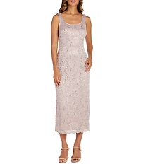 R & M Richards Lace Sequin Power Mesh Scallop Trim 3/4 Sleeve Jacket Midi Dress