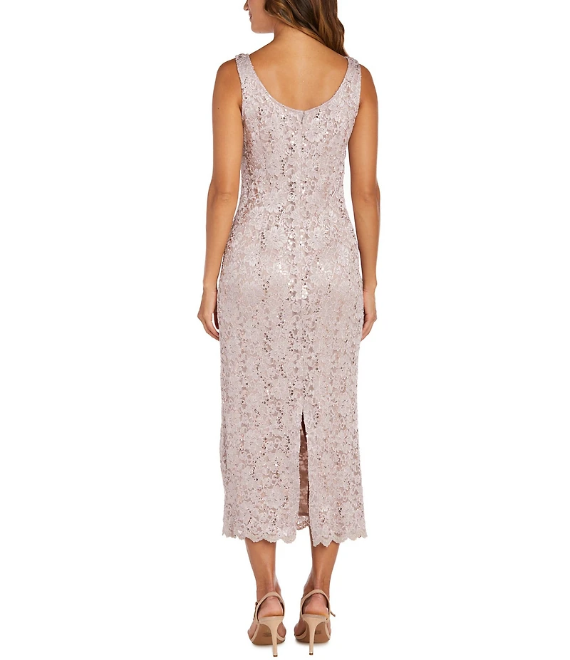 R & M Richards Lace Sequin Power Mesh Scallop Trim 3/4 Sleeve Jacket Midi Dress